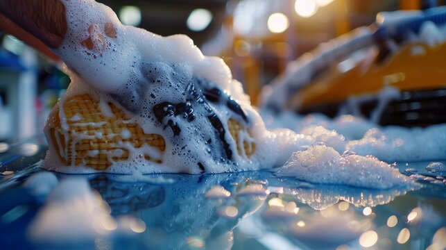Hand washing car with soapy sponge in vibrant garage light