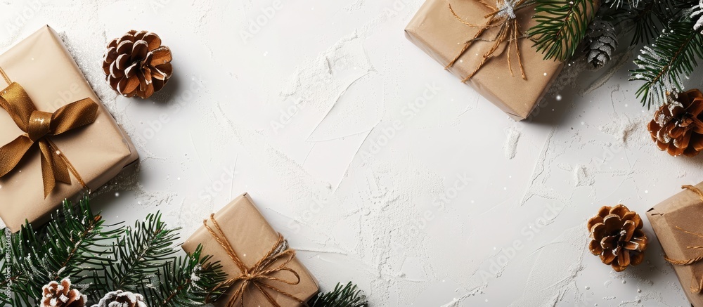 Poster Christmas-themed setting with pine adornments, presents placed on a white surface, and an empty space for images or text. image with copy space