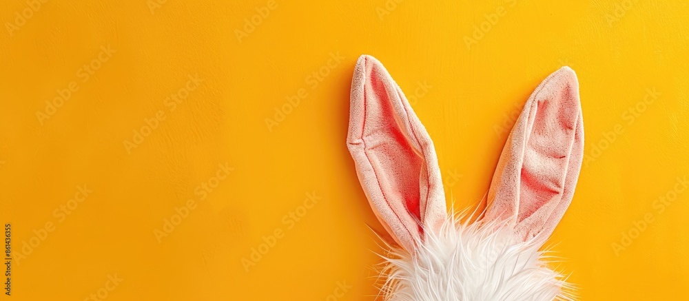 Poster Easter theme with a bunny ears costume on a yellow background, featuring a simple flat lay design with space for text or images. image with copy space