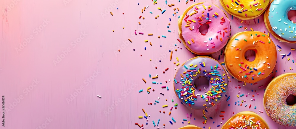 Poster Close-up of tasty glazed donuts on colorful background with copy space image.