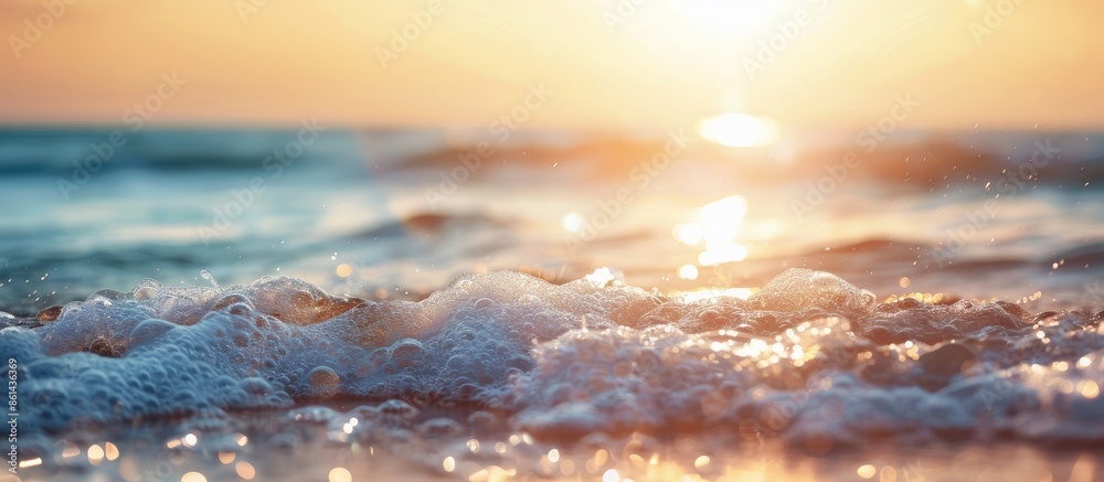 Poster abstract bokeh background of a sunset beach with soft waves and sunlight, creating a serene summer a