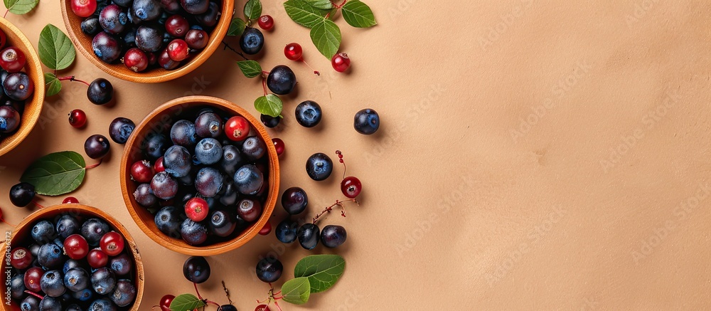 Poster beige background featuring fresh acai berries arranged in a flat lay style, with ample copy space im