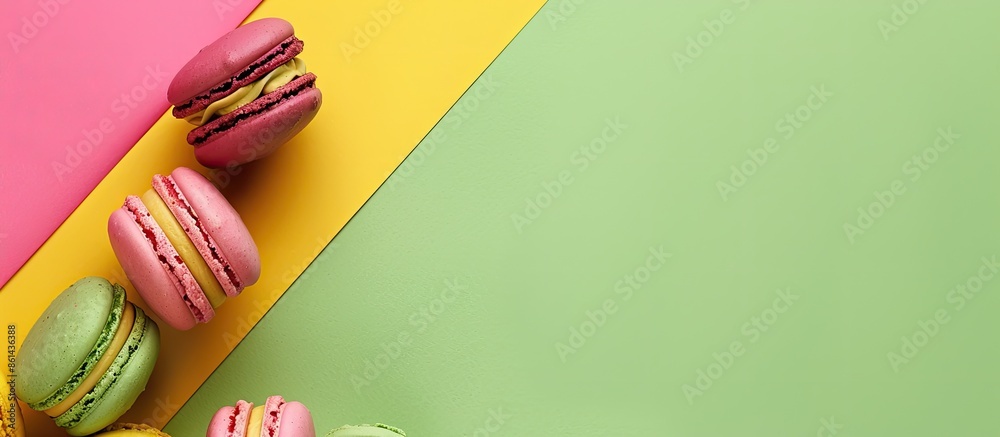 Poster Angle view of colourful macaroons on a green, yellow, and pink background with a blank space in the picture. image with copy space