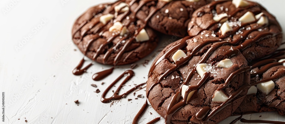 Aufkleber Chocolate cookies featuring white chocolate chunks drizzled with milk chocolate sauce, against a plain background with space for additional content.