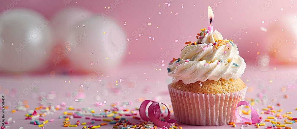 Poster an image of a cupcake with candles, sprinkles, and ribbon on a pink background for a 17th birthday c