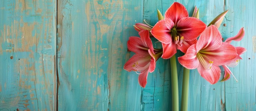 Copy space image featuring a beautiful Amaryllis hippeastrum against a turquoise wooden backdrop.