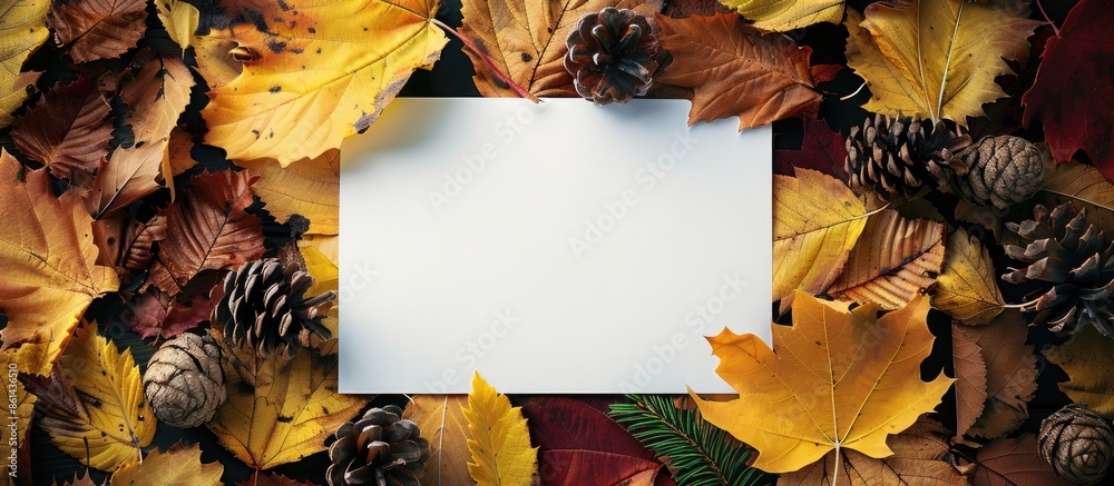 Leinwandbilder fall-themed mockup featuring autumnal leaves in yellow and red, pine cones, and a white paper sheet 