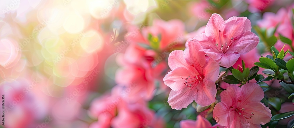 Poster close-up view of blooming pink flower bushes with a soft focus, providing copy space in the image.