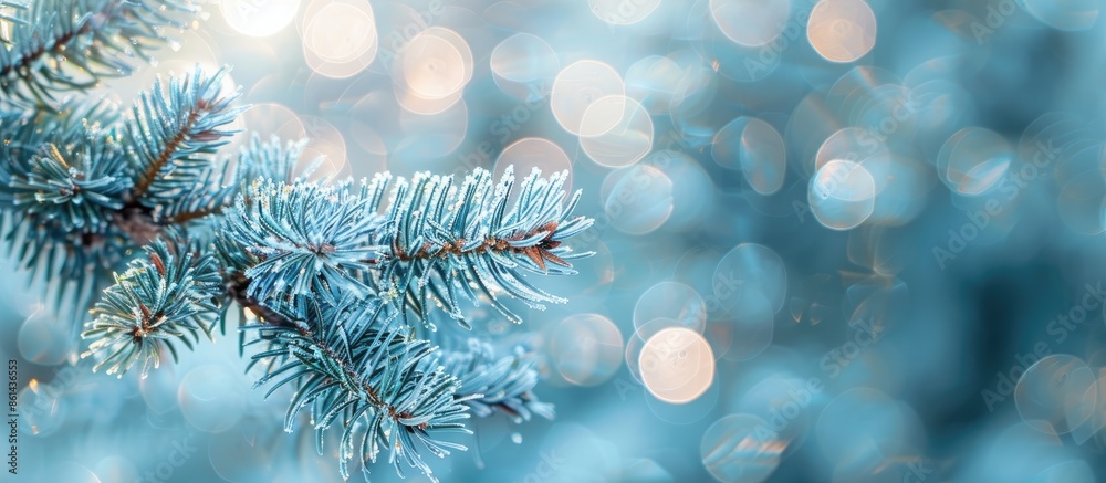 Poster close-up of fluffy blue spruce branch with selective focus for christmas tree background, providing 
