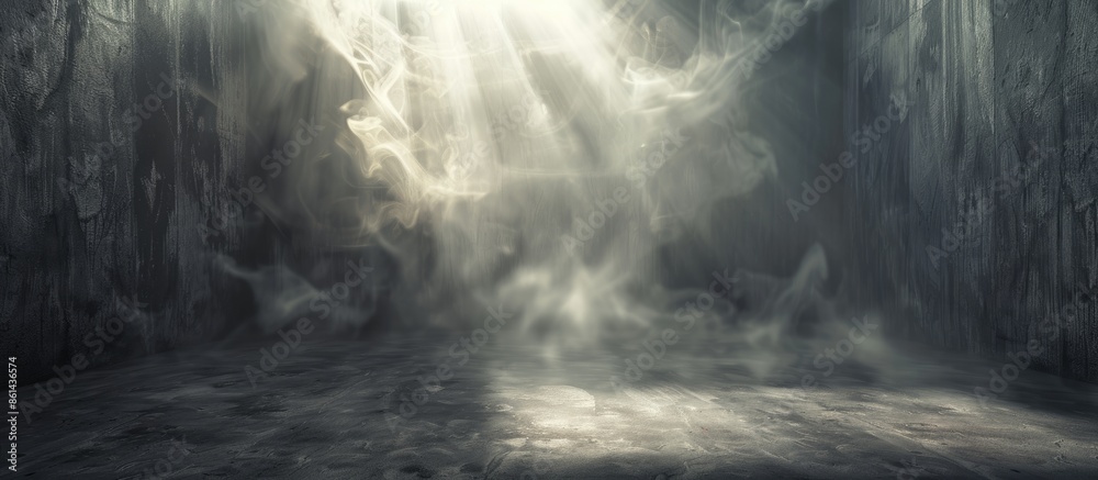 Poster empty dark room setting with smoke, rays, and glow on walls, perfect for a copy space image.