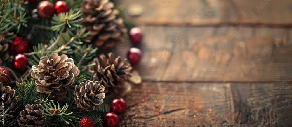 Poster close-up view of a christmas decoration against a wooden backdrop with copy space image.