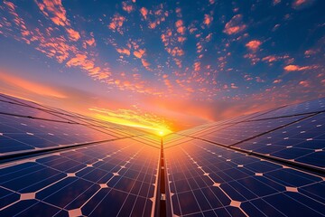 Solar Panels on Sunset Background created with Generative AI