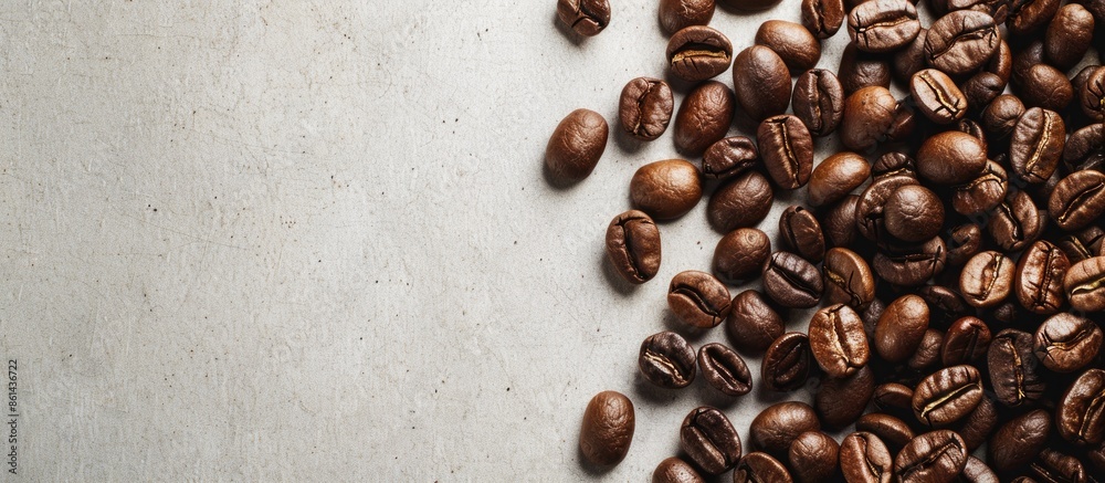 Poster Close-up shot of a textured pile of roasted coffee beans against a neutral background, perfect for adding text with copy space image suitable for coffee house branding.