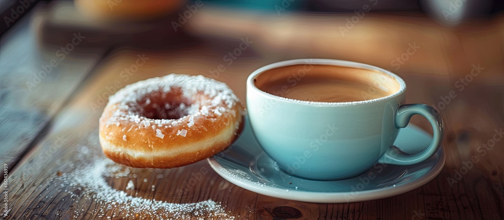 Poster dunking a sweet donut into a cup of coffee creates a cozy morning ritual with a delightful taste, pe