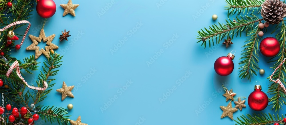 Poster christmas decoration on a blue background with a view from above, featuring copy space for text or d