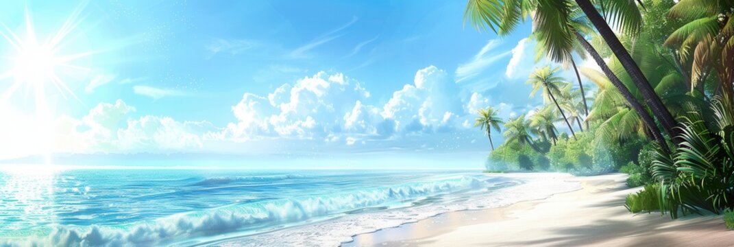 A scenic view of a tropical beach with white sand, clear blue water, and swaying palm trees. The sun shines brightly in the sky, creating a sense of paradise. Generative AI