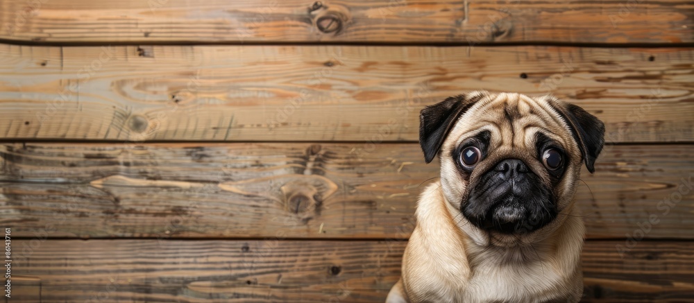Poster Closeup portrait of a purebred Pug on a wooden background with ample copy space image.