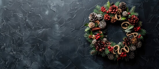 Christmas felt wreath frame with wooden letters on black background, ideal for holiday greetings and designs, copy space image.