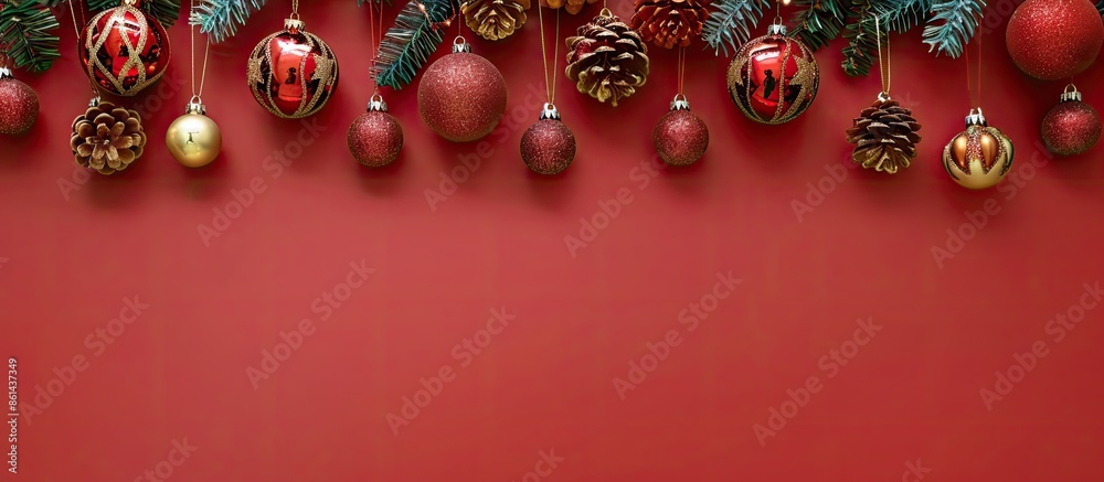 Poster Festive Christmas decorations arranged neatly on a red backdrop with ample copy space for text or images.