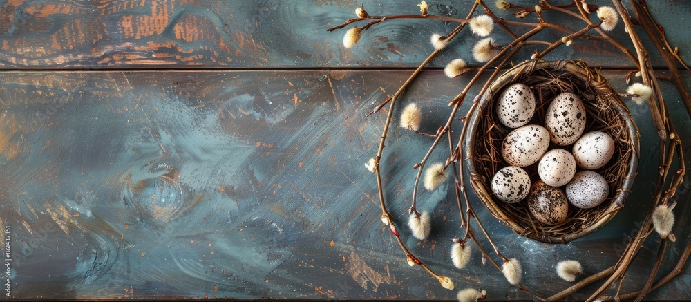 Poster easter decoration featuring quail eggs in a nest and pussy willow branches on a wooden backdrop. top