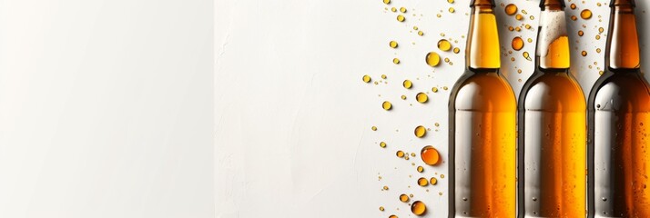 Horizontal banner. International Beer Day. Bottles of cold light beer on a white table. Free space for text, copy space