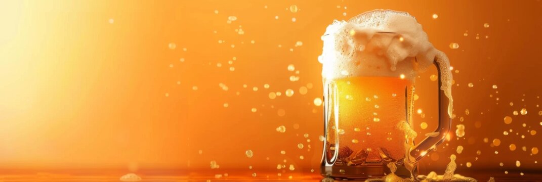 Horizontal banner. International Beer Day. A mug of cold light beer with foam on a yellow background. Bokeh effect. Free space for text, copy space