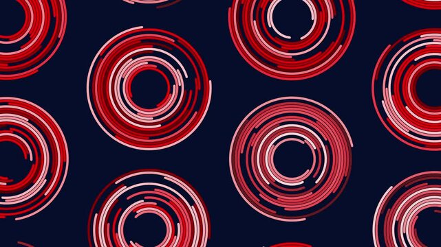 A mesmerizing spiral pattern of oval-shaped red circles overlapping on a black background creates a captivating and visually interesting image