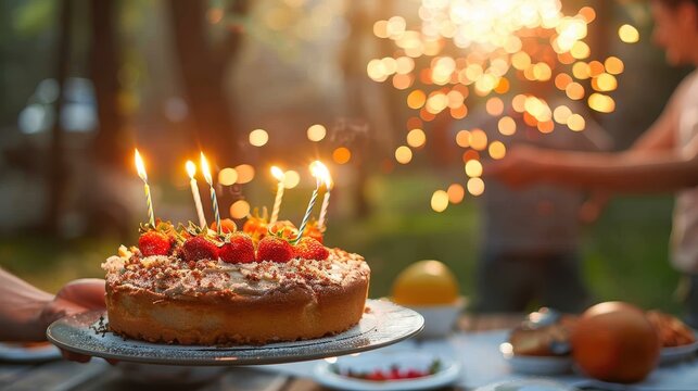 The image showcases a delicious birthday cake with candles and sparklers in an outdoor setting, capturing the joy and celebration of a special occasion.