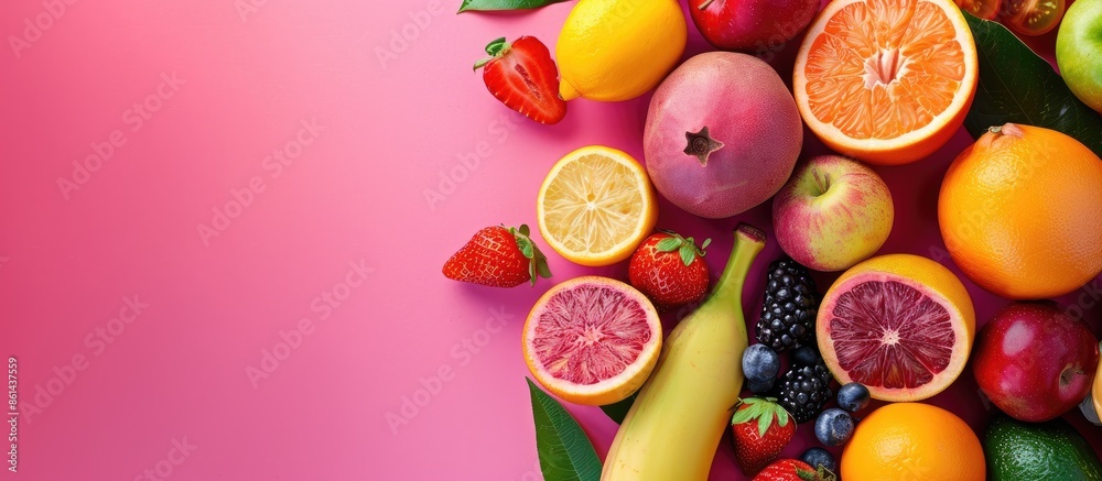 Aufkleber Assorted fresh fruits displayed on a colorful background with copy space image.