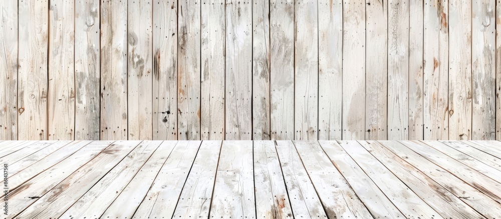 Aufkleber aged white wooden deck backdrop with room for text. rustic wood surface with copy space image.