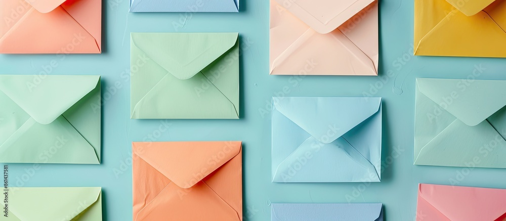 Poster Colorful envelopes arranged randomly on a light blue background in a top view copy space image.