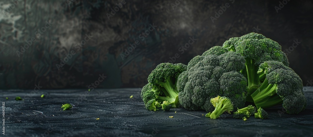 Poster Broccoli displayed whole and in florets against a dark backdrop, with copy space image.