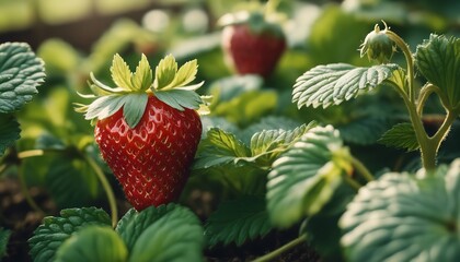 A branch with natural strawberries on a blurred background of a strawberry field at golden hour. The concept of organic, local, seasonal fruits and harvest