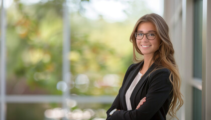 Elegant woman in a black blazer, standing confidently with crossed arms in a bright, green-filled office environment