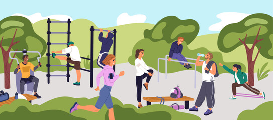 Group outdoor sport training. Street workout. Athletes do exercises. Park turnstiles. Fitness equipment. Woman running. Man lifting weights. Healthy lifestyle. Garish vector concept