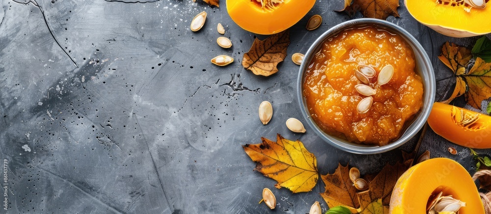 Poster Flat lay image of a bowl with scrumptious pumpkin jam and ingredients on tile surface, with room for text in the copy space image.
