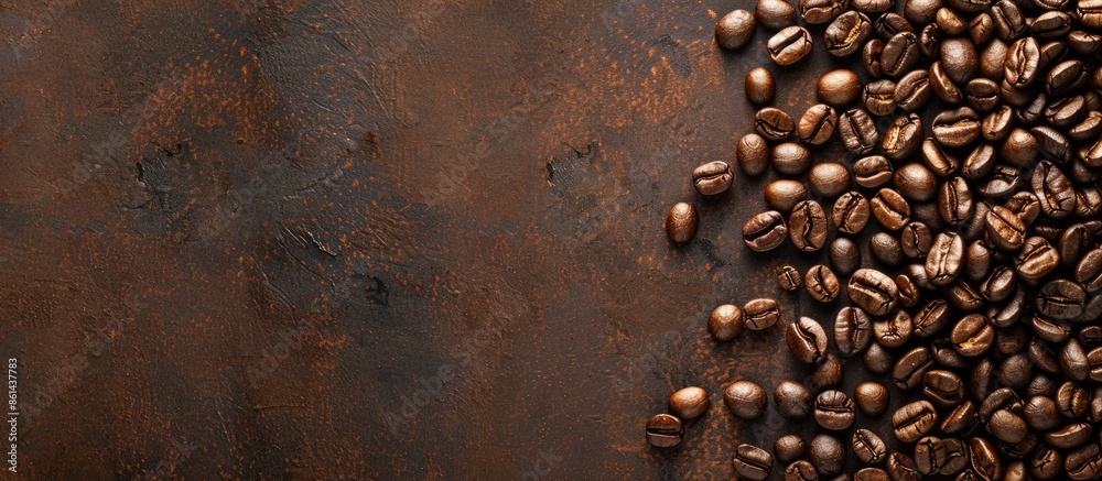 Poster Flat lay composition of freshly roasted coffee beans arranged on a brown table, offering ample copy space in the image for text. Close-up top view serves as the background.