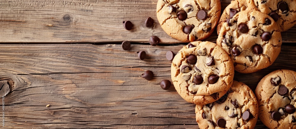 Poster close-up of chocolate chip cookies on a wooden table with copy space image available.