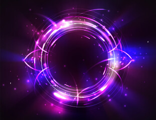 Magic futuristic circle portal with light energy glow effect for game ui design. Realistic 3d vector fantasy purple neon ring frame with luminous glitter and swirl motion. Space and time teleport.