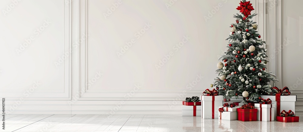 Poster Christmas tree and presents displayed near a white wall, creating a festive scene with copy space image.