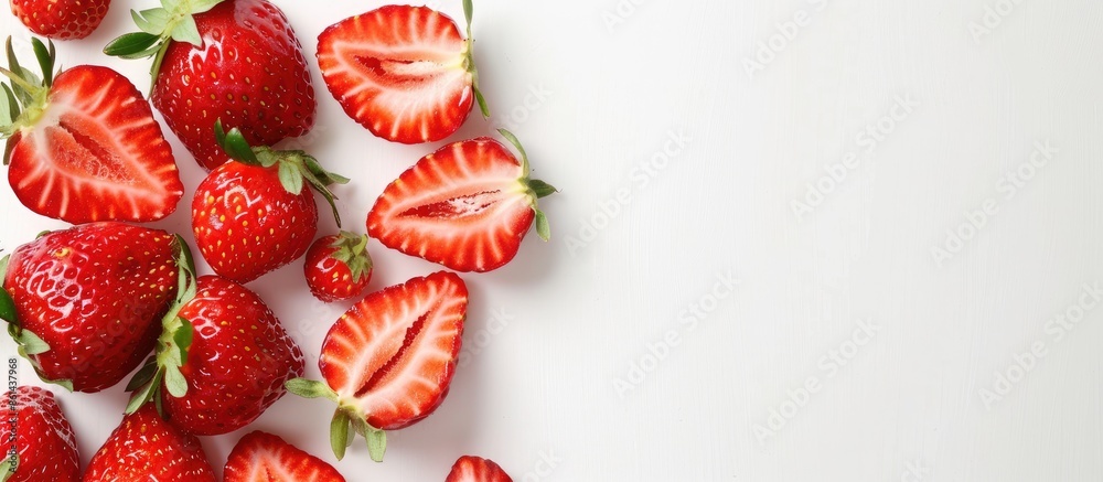 Poster close-up image of juicy, fresh strawberries halved on a white background with ample copy space image