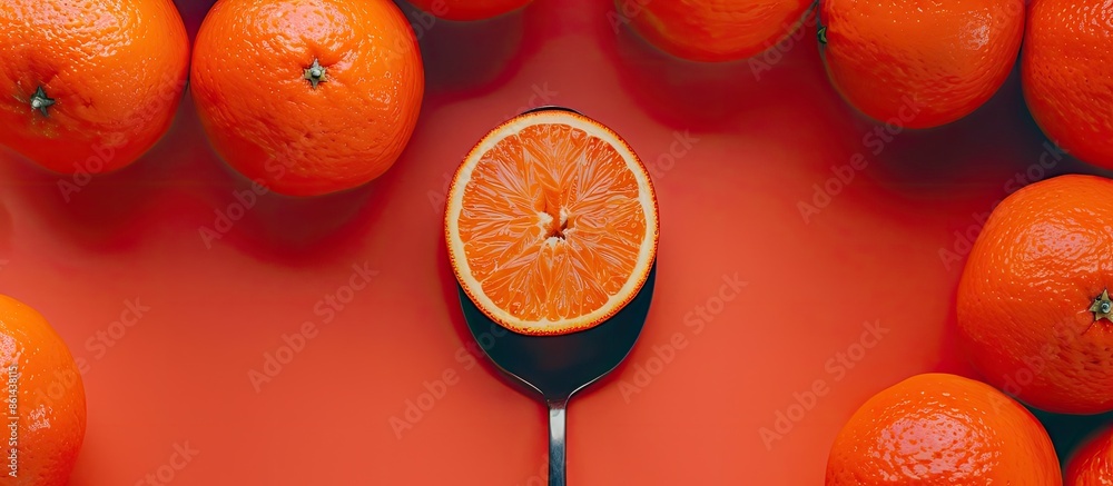 Poster An orange slice in a spoon surrounded by a bunch of oranges, against a backdrop with ample copy space image.