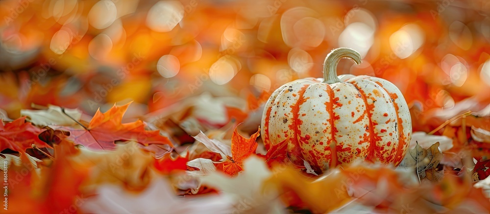 Poster Colorful autumn setting with selective focus on orange and white pumpkin surrounded by vibrant maple leaves. Bokeh background provides copy space image.