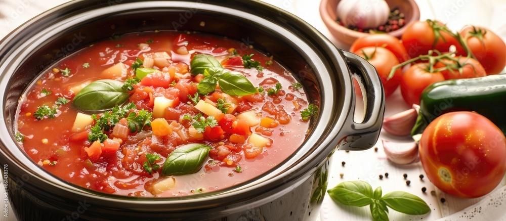 Poster an image of gazpacho soup in a crock pot with ingredients, isolated on a white background, offering 
