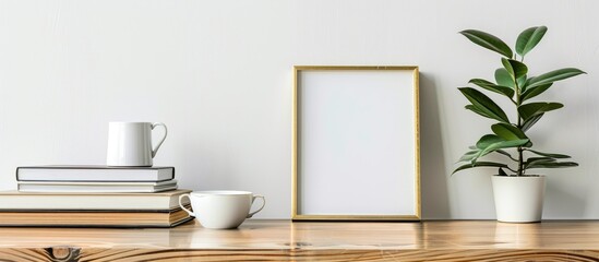 Chic office setup includes books, a frame, a plant, and coffee cup on a wooden table, with copy space image.