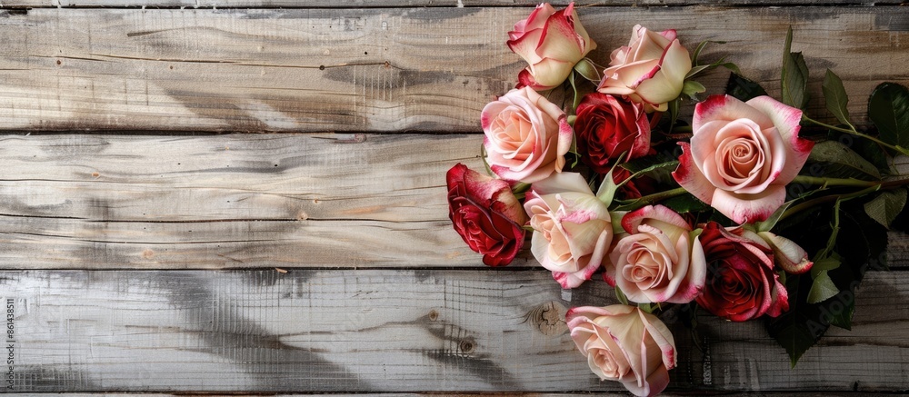 Poster arranged bouquet of roses on a wooden background with space for image insertion. image with copy spa