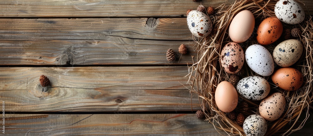 Poster easter-themed with eggs on wooden backdrop featuring a copy space image.