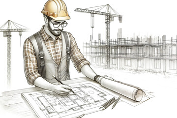 Engineer drawing construction project plan with pencil on construction site background, colored pencil sketch style illustration