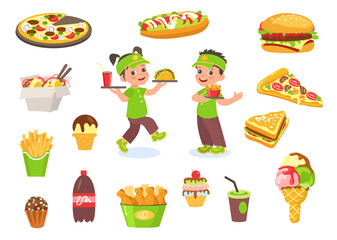 Fast food workers. Little bistro waiters serve meal. Corporate identity. Girl and boy in restaurant uniform. Cafe staff. French fries and burger. Cashier with tray. Splendid vector set
