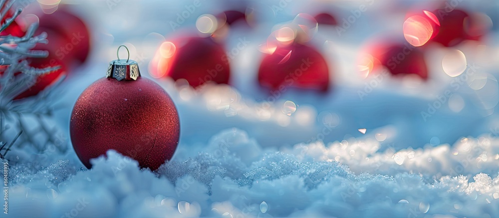 Poster Close-up of Christmas balls on snow creating a festive background with ample copy space image.